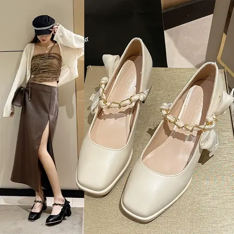 泫雅风高跟鞋女2023春季新款仙女风单鞋白色玛丽珍小皮鞋扣带凉鞋商品大图