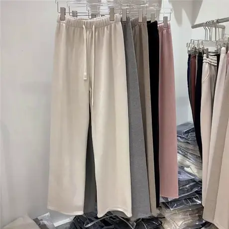 欧货时髦加绒加厚高腰抽绳阔腿休闲裤2023秋冬新款宽松显瘦女长裤商品大图