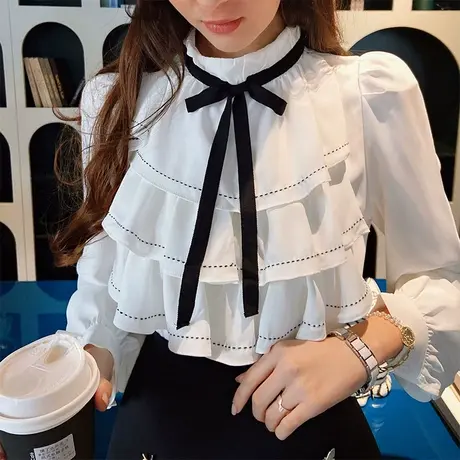 粉红大布娃娃ins风蝴蝶结大波浪衬衫2022春季新款通勤气质上衣女商品大图