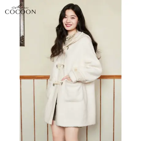 missCOCOON牛角扣连帽羊羔毛皮草女2022新款冬季宽松毛毛大衣外套商品大图