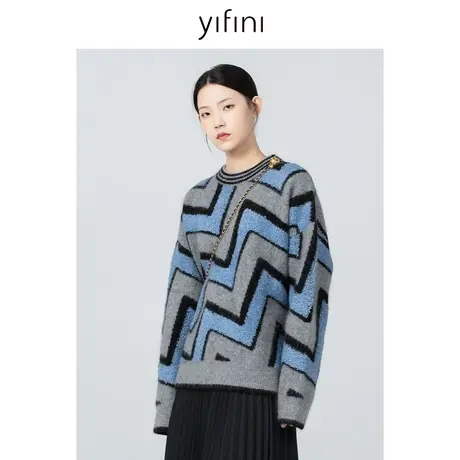 Yifini/易菲撞色纱线条纹毛衣女冬季新款保暖套头通勤针织衫商品大图