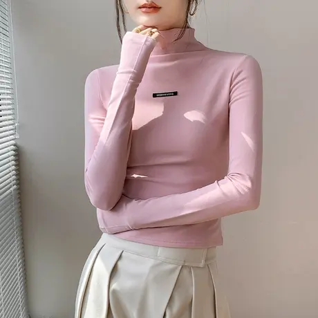 半高领手套袖T恤女2023秋冬新款字母修身显瘦磨毛正肩内搭打底衫商品大图