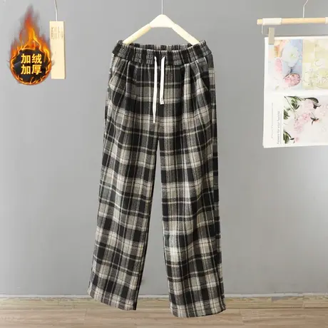 韩范宽松呢料格子阔腿裤女休闲百搭加绒加厚冬季直筒裤保暖长裤潮图片