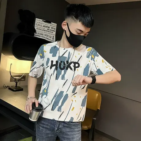 夏季男t恤短袖修身半袖潮流圆领体恤花色泼墨时尚休闲潮牌打底衫商品大图