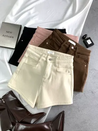 冬季新款加绒加厚牛仔阔腿短裤女高腰显瘦弹力包臀百搭保暖靴裤子图片