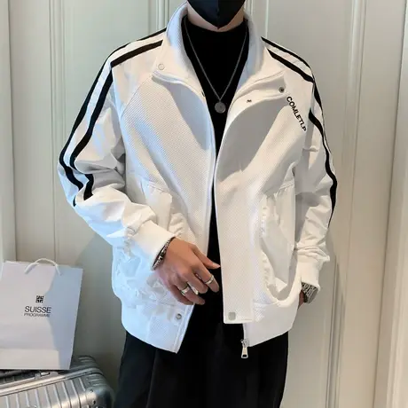 机能拼接外套男秋季2023新款高街潮牌潮流条纹青少年立领工装夹克商品大图
