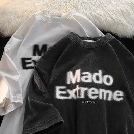 夏季新款美式复古模糊字母短袖T恤男ins潮流宽松休闲圆领情侣半袖商品大图