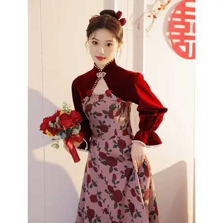 冬季敬酒服新娘大气法式长袖订婚晚礼服裙女高端轻奢小众玫瑰骑士商品大图