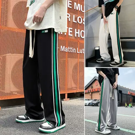 潮流条纹休闲运动裤男秋季ins潮牌美式篮球秋冬款宽松直筒长裤子图片