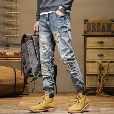 百搭直筒牛仔裤高档破洞牛仔裤男款水洗做旧美式高街牛仔裤休闲男图片