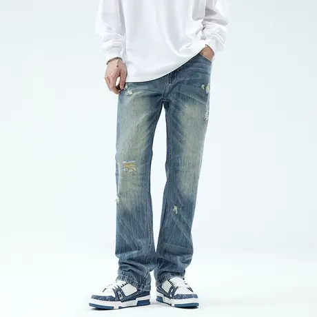 美式破洞牛仔裤男潮牌宽松休闲高个子加长版大码阔腿垂感直筒裤子商品大图