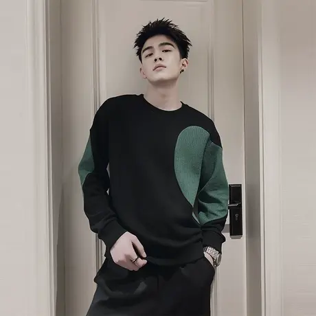 设计感小众卫衣男春季重磅宽松ins拼色上衣潮牌长袖t恤衫休闲男装商品大图