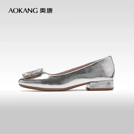 【门店发货】奥康女鞋 2024春季新款方扣水钻小众低跟浅口单鞋图片