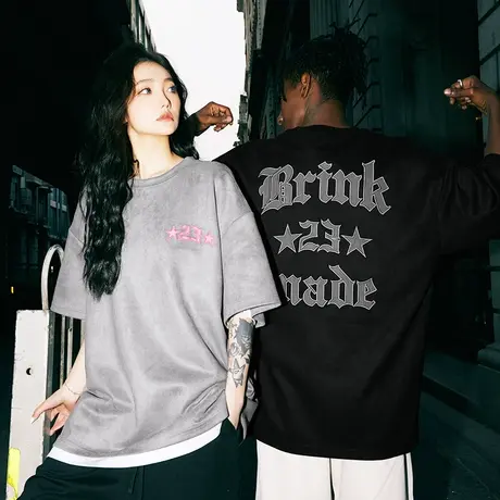 Nuthink大码美式麂皮绒情侣短袖潮牌刺绣t恤男潮宽松半袖上衣夏季商品大图