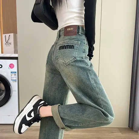 复古做旧窄版阔腿牛仔裤女春秋新款高腰宽松显瘦垂感直筒拖地裤子商品大图