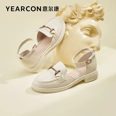 意尔康女鞋浅口春夏季包头凉鞋复古外穿英伦风小皮鞋粗跟一字扣带图片