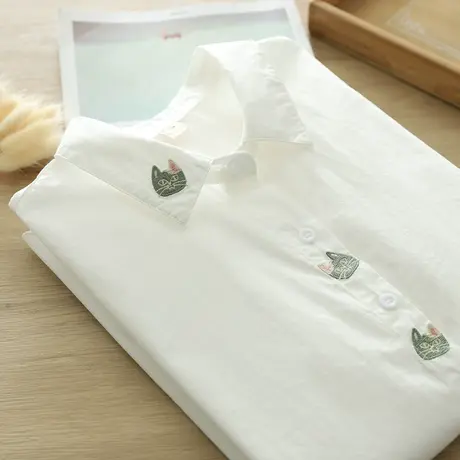 春秋装文艺小清新猫咪刺绣全棉长袖白衬衫女学生宽松百搭打底上衣商品大图