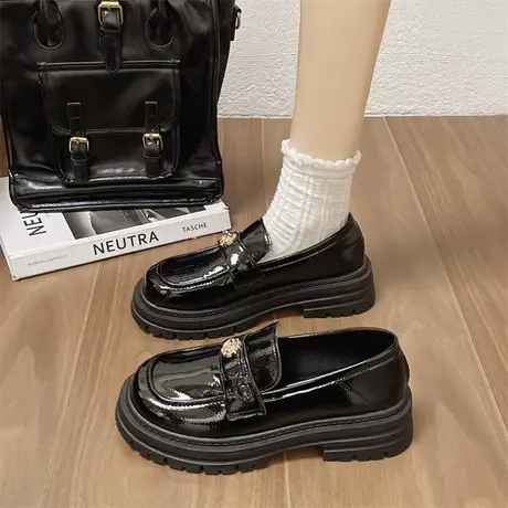 永希小皮鞋春季厚底女鞋2024年新款乐福鞋英伦风黑色一脚蹬单鞋潮商品大图