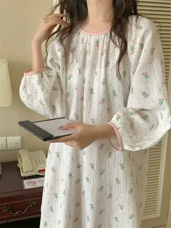 婴儿双层棉纱粉玉樱桃纯棉宽松睡裙宽松圆领连衣裙商品大图