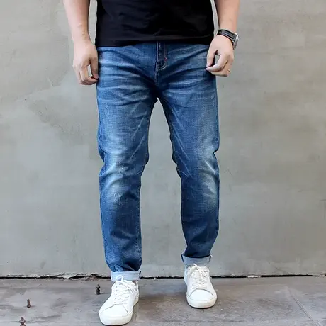 春新款浅蓝特大号潮胖弹力修身小脚加肥加大码男士牛仔裤长裤商品大图