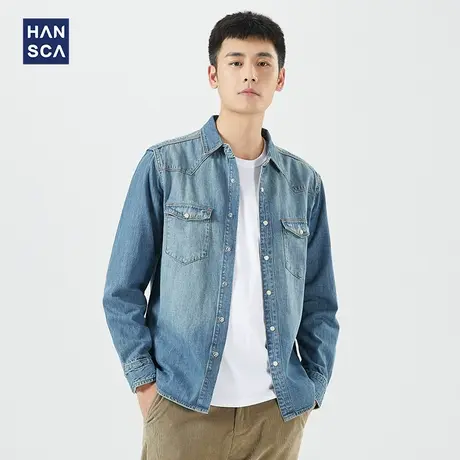 汉斯卡2021秋季新款牛仔衬衫男休闲牛仔上衣水洗韩版潮流长袖衬衣商品大图