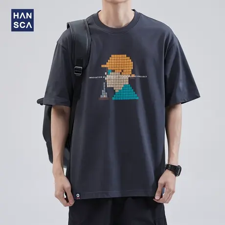 hansca 纯棉t恤短袖男2023夏季新款美式重磅宽松圆领复古印花体恤商品大图