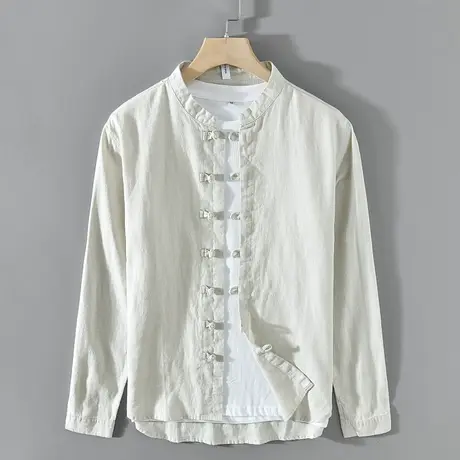 休闲衬衫男棉麻白色衬衣男士春秋款盘扣中式外套中国风外穿宽松潮商品大图