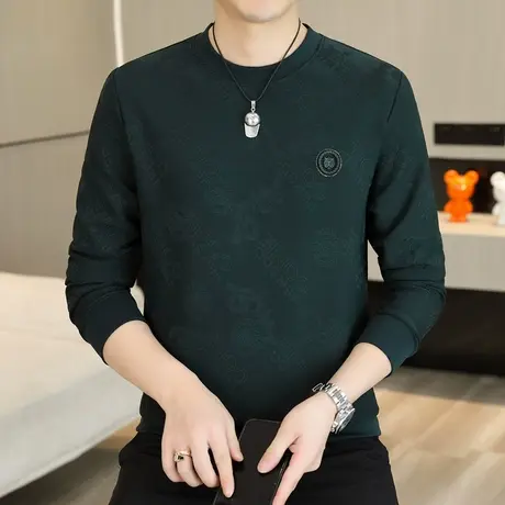 圆领卫衣男潮流提花T恤打底衫秋季新款加肥加大休闲百搭长袖上衣商品大图