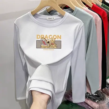 2024年春秋新款白色长袖t恤女春圆领纯棉chic上衣秋甜辣美式复古图片