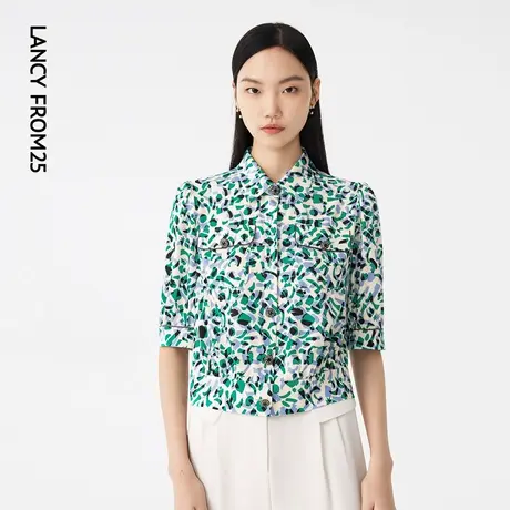 LANCY/朗姿夏季新款衬衫领宽松碎花短外套女通勤印花衬衣上衣图片