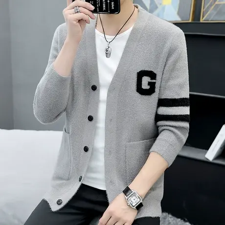 秋冬季水貂绒毛衣韩版潮流男士针织开衫外套学生情侣帅气加厚保暖商品大图