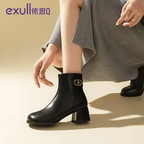 exull/依思Q粗跟短靴女冬季单靴2023年新款加绒棉靴通勤高跟女靴商品大图
