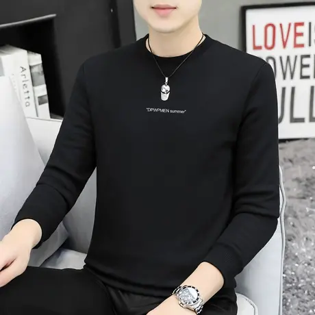 重磅纯棉t恤男长袖加绒加厚打底衫保暖摇粒绒内搭全棉黑色秋衣服商品大图