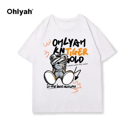 OhlyahT恤女设计感2023春季新款卡通印花情侣圆领t恤衫纯黑色纯棉图片