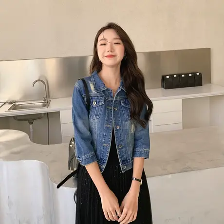 牛仔外套女春秋短款修身韩版新款显瘦七分袖上衣ins潮牛仔衣9商品大图