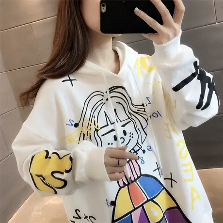 2023秋季新款网红卡通印花韩版宽松中长款连帽卫衣女休闲时尚外套图片