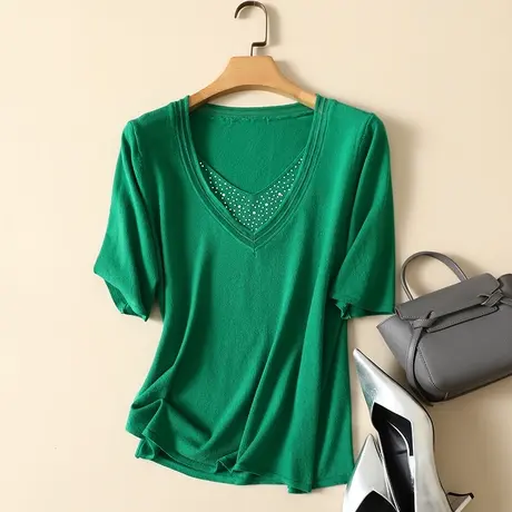 莫代尔V领打底衫女春装2023新款百搭爆款五分袖针织衫毛衣女上衣商品大图