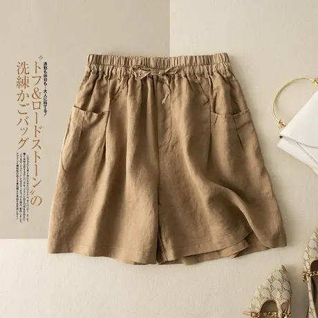 享永子亚麻短裤女文艺复古棉麻阔腿裤宽松显瘦百搭休闲2023新款夏商品大图
