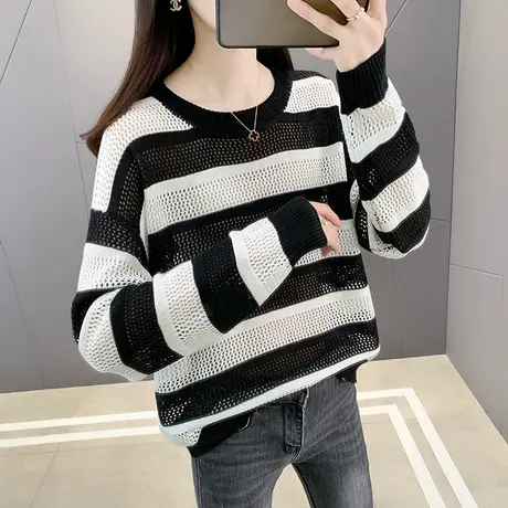 防晒衣2023早春新款镂空黑白条纹女宽松短款蝙蝠衫上衣女薄款罩衫商品大图