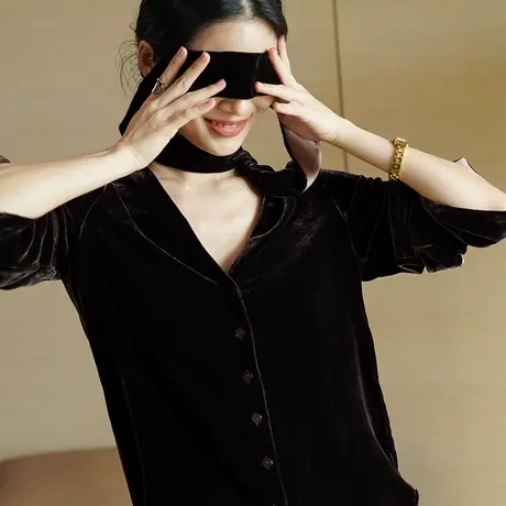 V领丝绒上衣女长袖秋季新款法式复古通勤高级感衬衫金丝绒衬衣图片