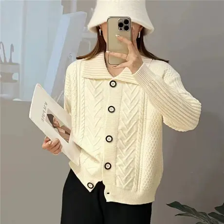 秋装新款纯色复古娃娃领麻花针织开衫毛衣外套休闲洋气短款上衣商品大图