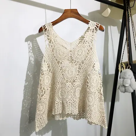 镂空针织背心马甲女夏季外搭韩版宽松性感无袖坎肩钩花很仙的上衣商品大图