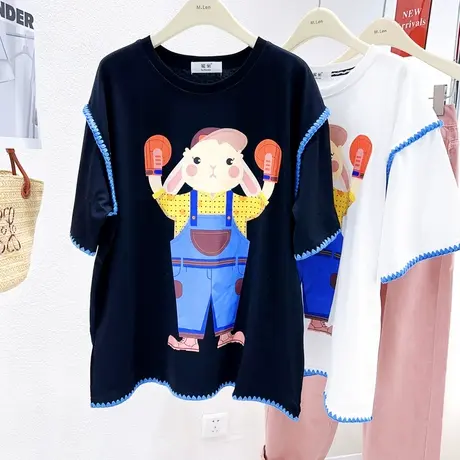 中长款宽松大版遮肚子上衣2023夏季韩版设计感拼接半袖T恤欧货潮商品大图