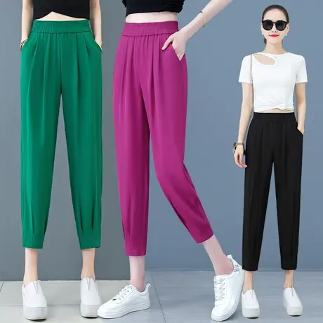 绿色哈伦裤子女小个子春夏宽松显瘦直筒老爹裤高腰束脚九分休闲裤图片