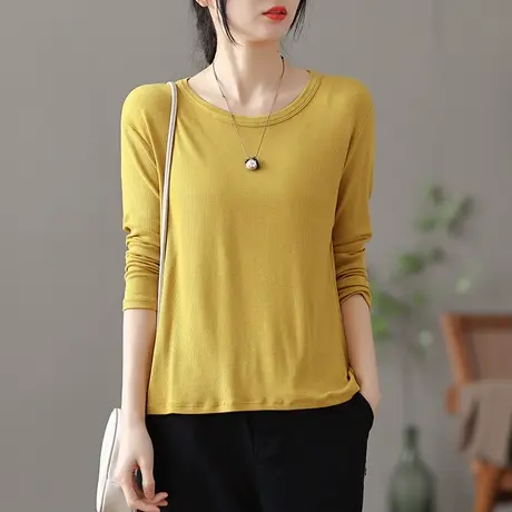 dza文艺复古纯色全棉长袖t恤女士春季新款宽松圆领打底衫内搭上衣商品大图