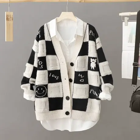 宽松外套针织开衫女长袖秋冬新款慵懒风休闲格子毛衣上衣毛针织衫图片