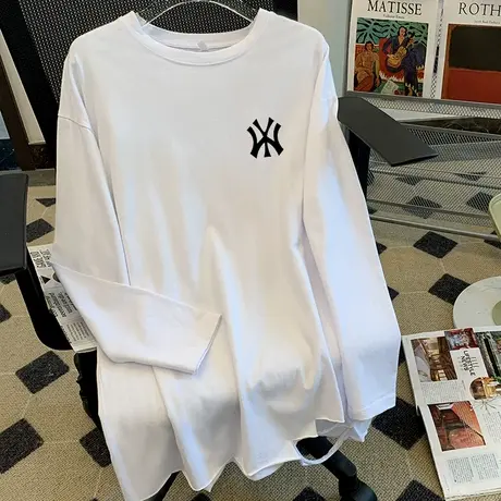 长袖打底衫女2022春秋款宽松纯棉叠穿印花中长款洋气内搭t恤上衣商品大图