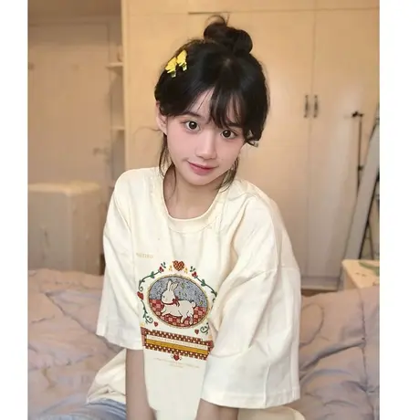 纯棉短袖t恤女ins潮春夏季2023年新款圆领宽松小个子上衣oversize图片