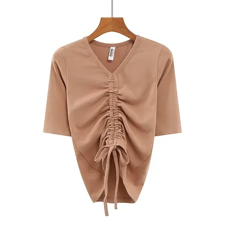 早春新款V领抽绳修身纯欲纯棉纯色韩版短袖体恤上衣内搭女打底衫图片
