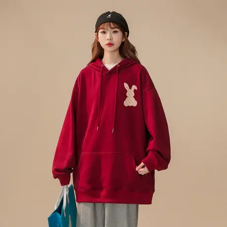 2023新款国潮兔年本命年卫衣女秋冬加绒加厚ins潮牌宽松连帽外套商品大图